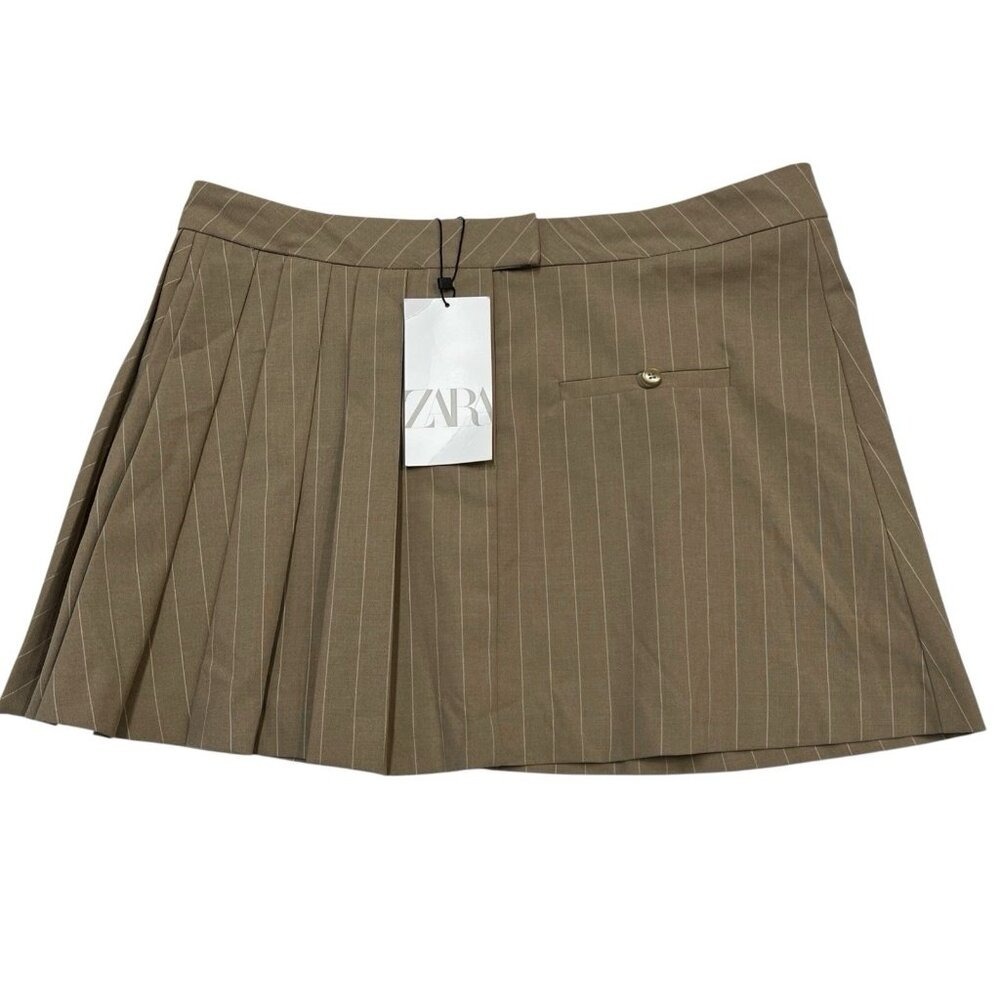 Zara Y2K Skirt Brown Pinstriped Box Pleated Micro Mini Size M Academia Preppy